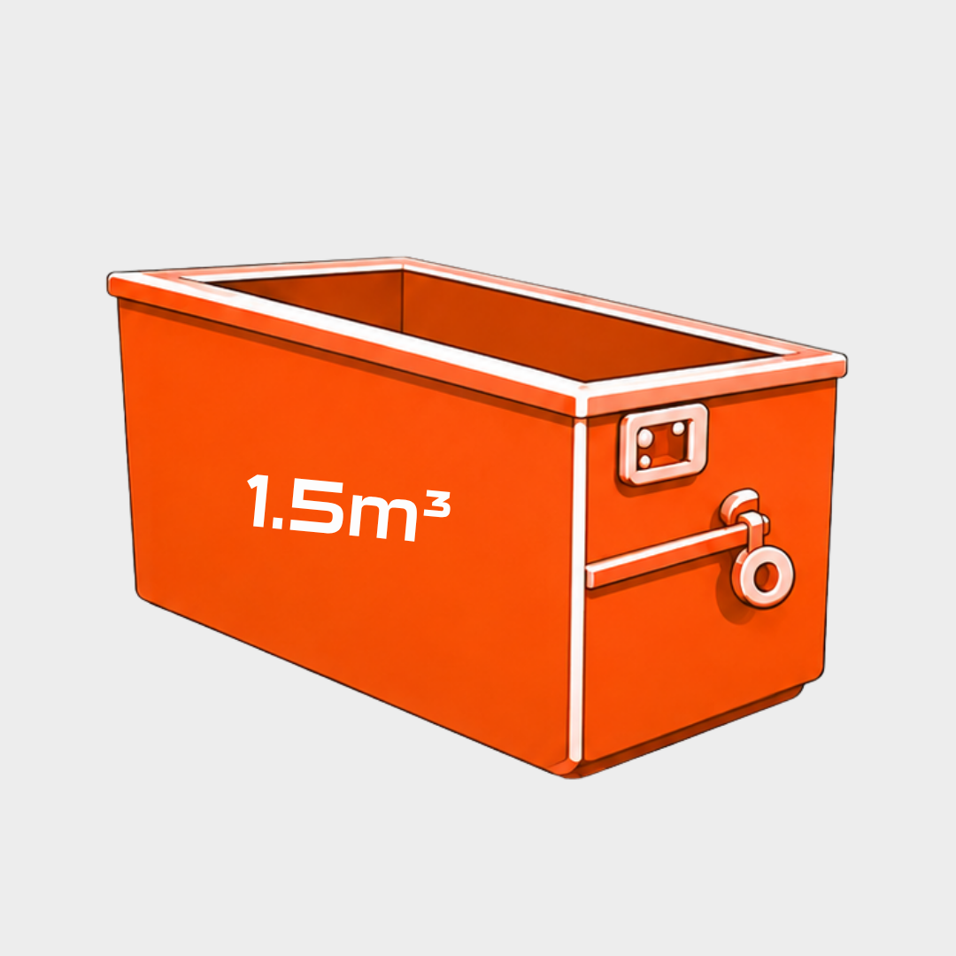 An orange rectangular storage bin or cooler with white trim, shown at an angle on a light gray background. The front side displays '1.