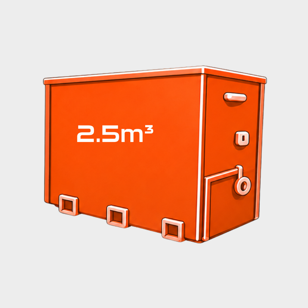 An orange metal dumpster container with a capacity label of '2.5m³' printed on the side, shown on a light gray background.