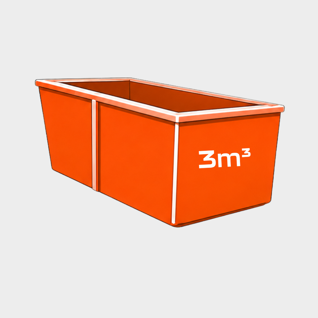 An orange rectangular skip bin with a white '3m³' volume marking on the side, shown on a light grey background.