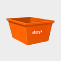 An orange square skip bin with a white '4m³' volume label on the side, shown against a light gray background.