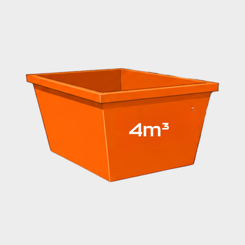 An orange square skip bin with a white '4m³' volume label on the side, shown against a light gray background.