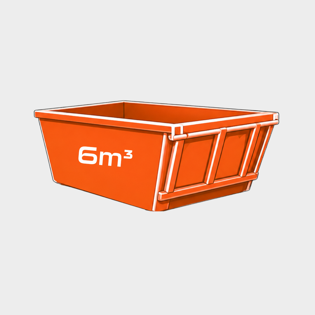 An orange dumpster bin with white trim and the text '6m³' printed on the side, shown on a plain light gray background.