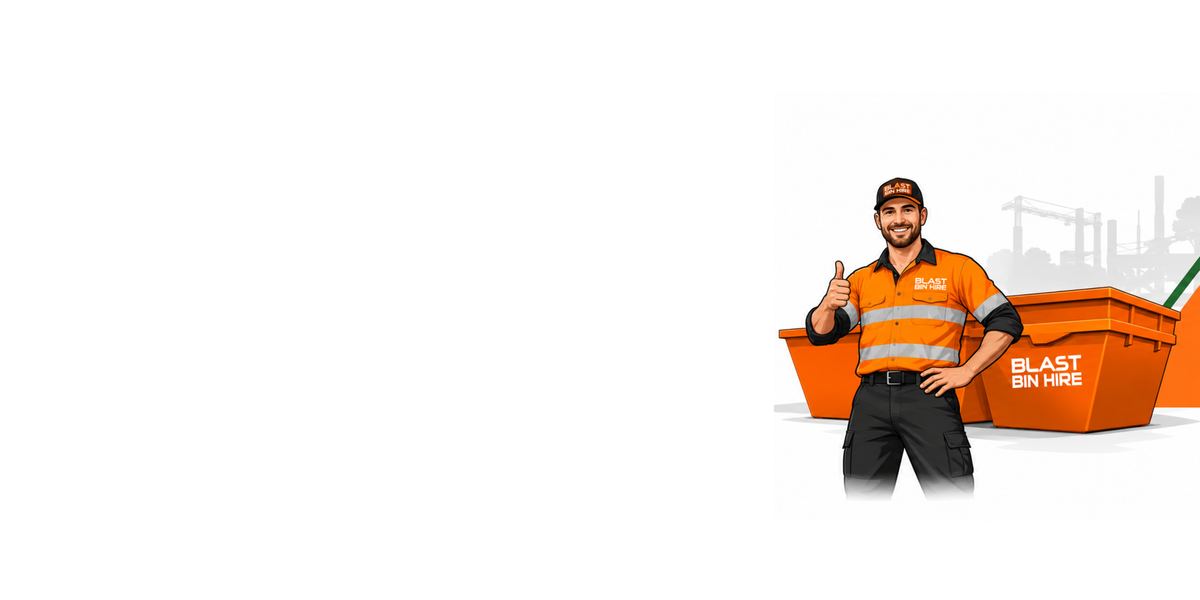 A man in an orange high-visibility work shirt and dark pants stands next to a large orange dumpster with the text 'BLAST BIN HIRE' on a white background.