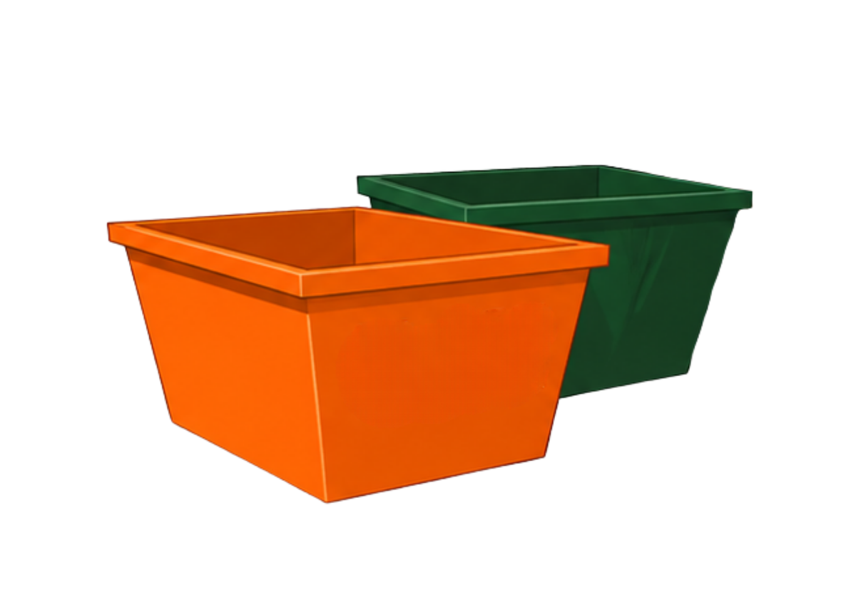 Two square plastic bins shown on a plain white background, one in bright orange in front and one in dark green behind it.