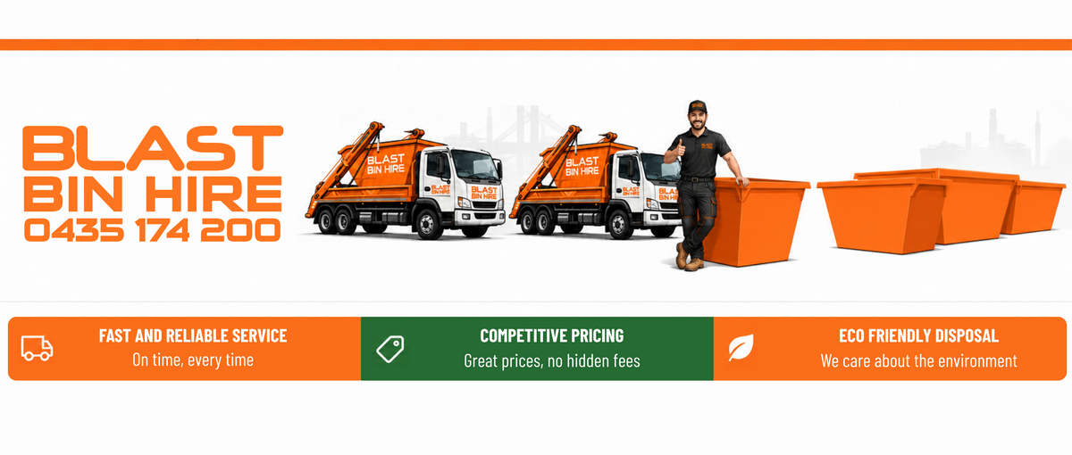 Promotional graphic for Blast Bin Hire, showing two orange and white waste collection trucks and several orange bins on a white background with orange and green text banners.